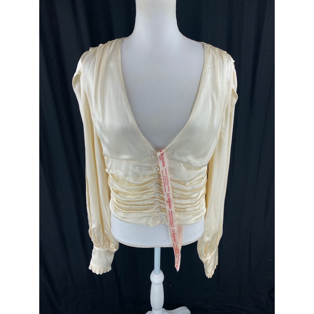 La Semaine Paris Womens‎ 44 Silk Blend Cardigan Blouse Peasant Pleated Satin